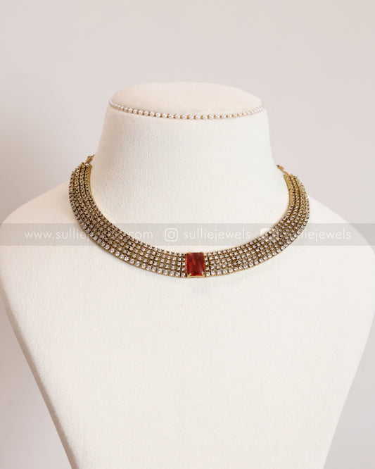 3836 - AD Red Centre Stone Necklace with Stud