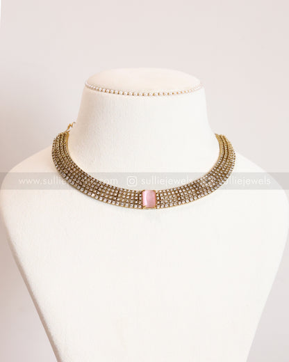 3835 - AD Pastel Pink Centre Stone Necklace with Stud