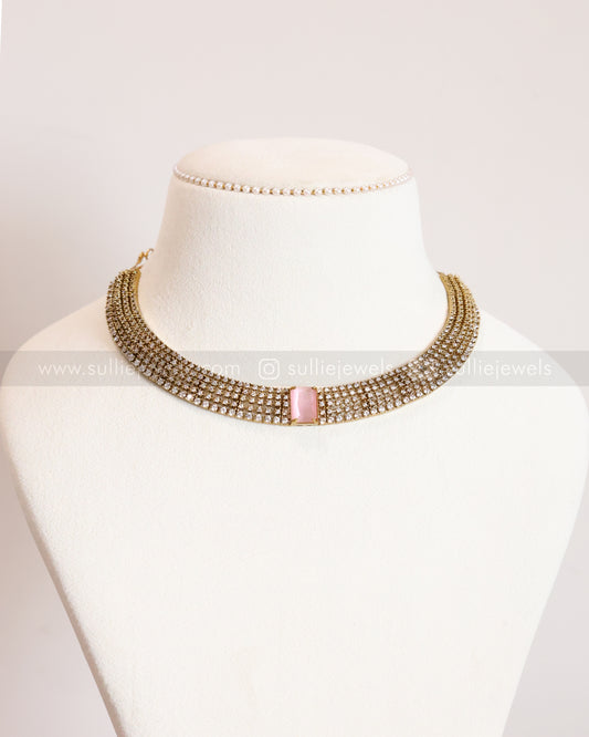 3835 - AD Pastel Pink Centre Stone Necklace with Stud