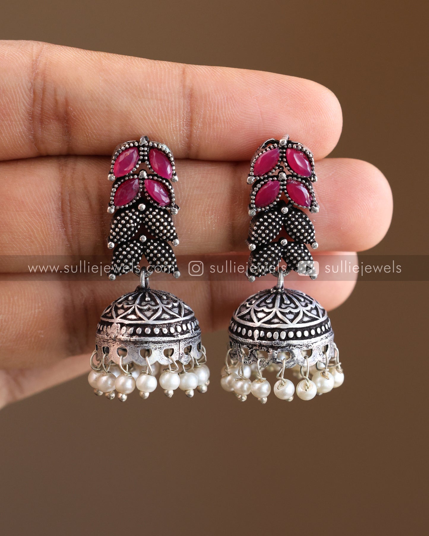Pink Stone Leaf Design Oxidised Necklace with Jhumka