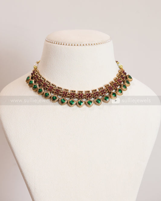 3827 - Red & Green Palakka Necklace with Stud