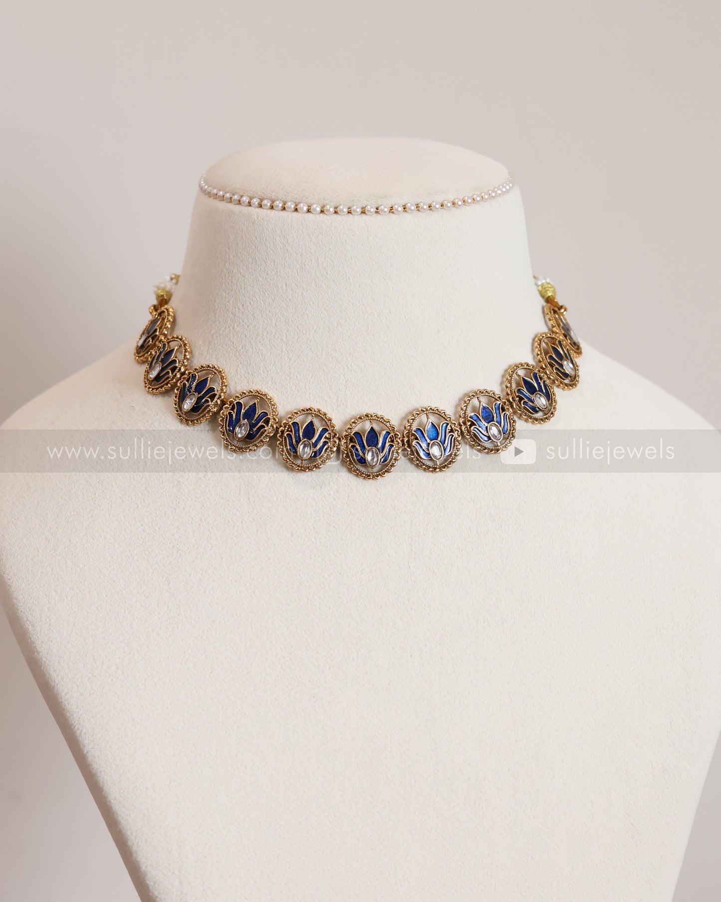 3825 - Sullie Basic Meenakari Blue Lotus Necklace with Stud