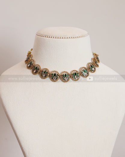3849 - Sullie Basic Meenakari Green Lotus Necklace with Stud