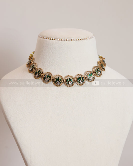 3849 - Sullie Basic Meenakari Green Lotus Necklace with Stud