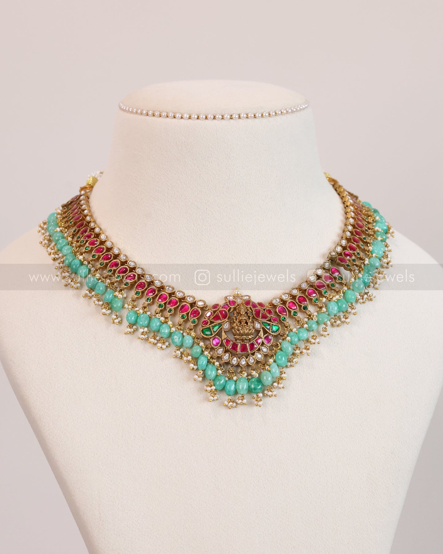 3648 - Jadau Kemp Lakshmi Premium Necklace with Mint Beads