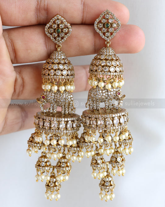 E1190 - Elephant Layered Stone Premium Heavy Long Earring - White
