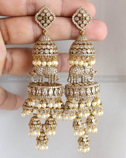 E1190 - Elephant Layered Stone Premium Heavy Long Earring - White