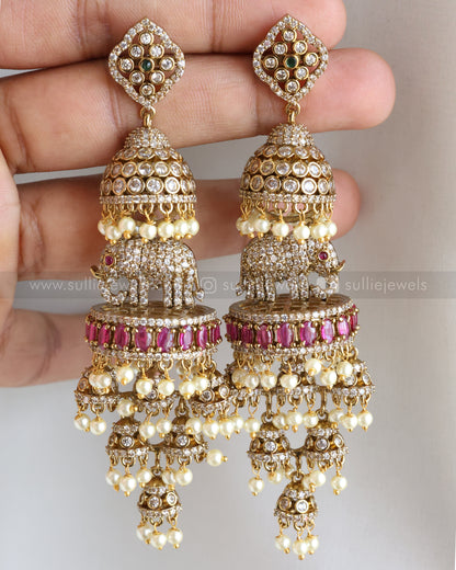 E1200 - Elephant Layered Stone Premium Heavy Long Earring - Ruby