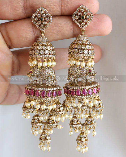 E1200 - Elephant Layered Stone Premium Heavy Long Earring - Ruby