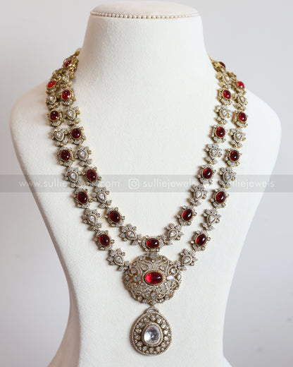 Two Layer Victorian Polki Longchain / Haaram with Earrings - Ruby