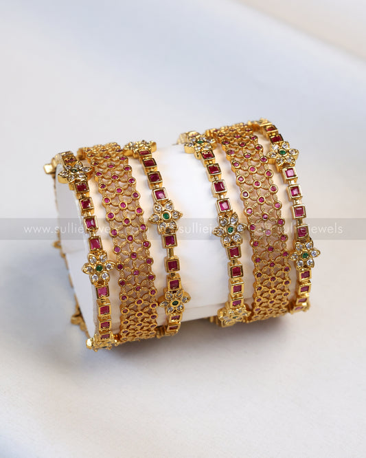 Ruby Stone Floral Minimal Bangle Combo - Set of 6 Bangle
