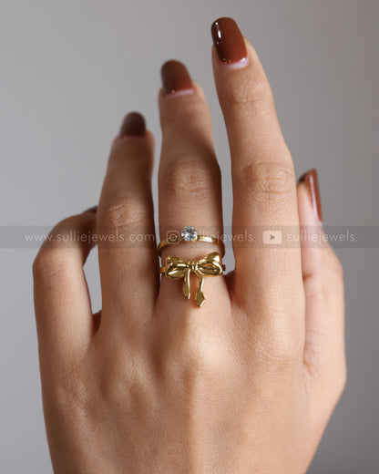 R20 - Golden Ribbon with Stone Double Layer Adjustable Ring