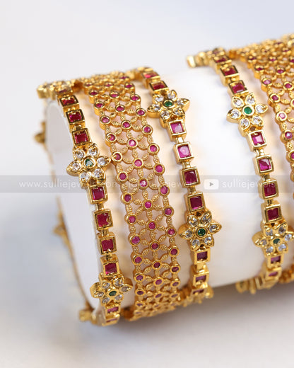 Ruby Stone Floral Minimal Bangle Combo - Set of 6 Bangle