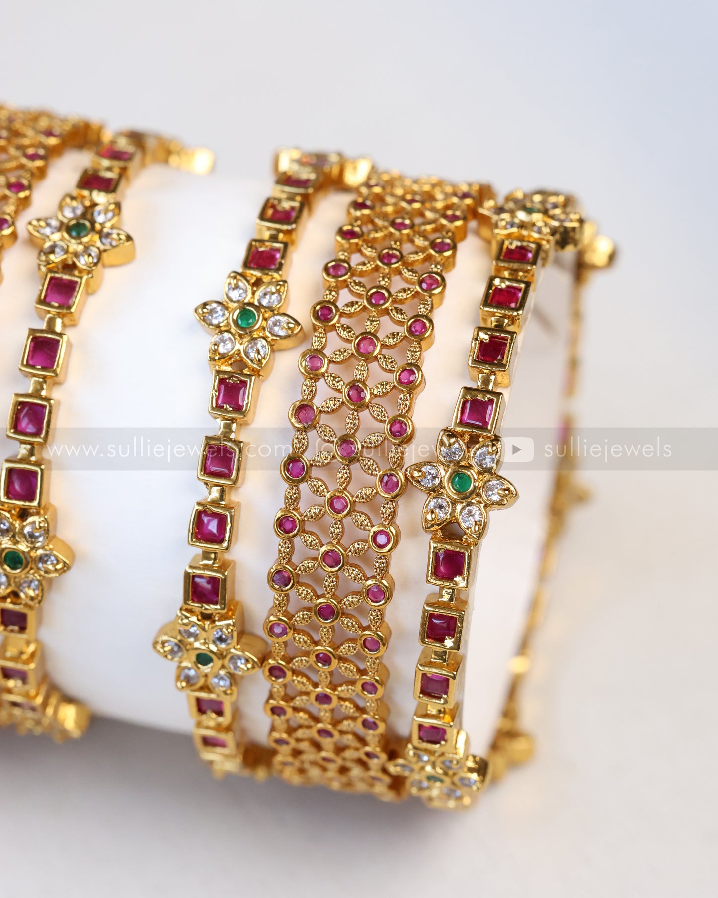 Ruby Stone Floral Minimal Bangle Combo - Set of 6 Bangle