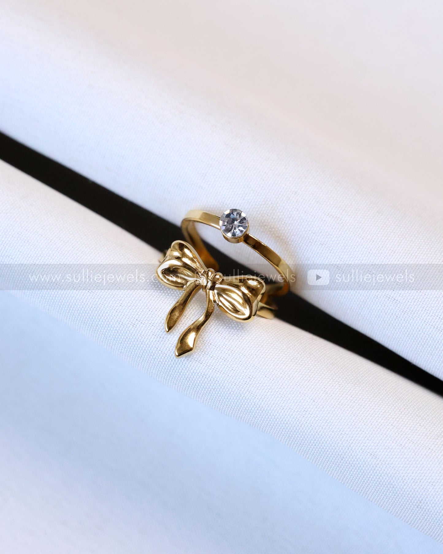 R20 - Golden Ribbon with Stone Double Layer Adjustable Ring