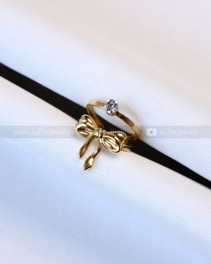 R20 - Golden Ribbon with Stone Double Layer Adjustable Ring
