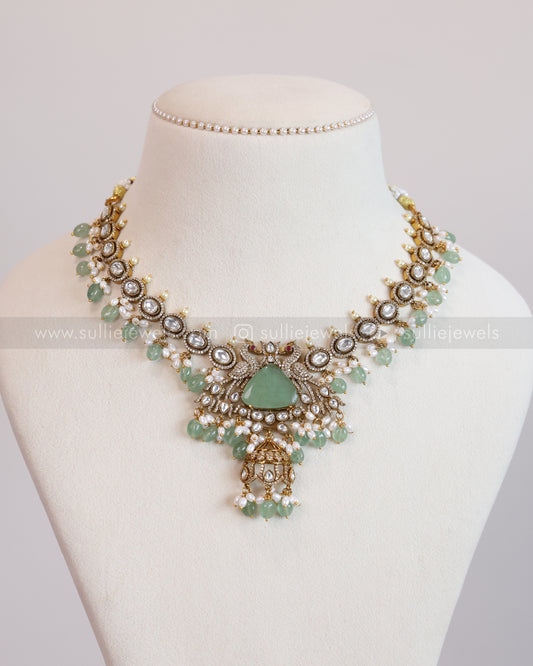 3652 - Victorian Polki Peacock Mint Beads Necklace with Earring