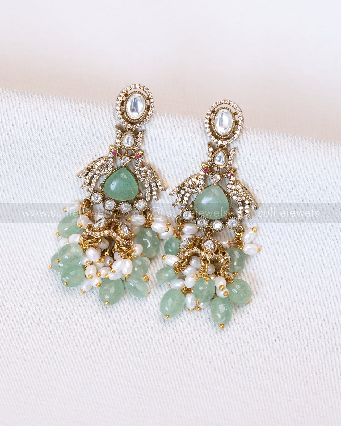 3652 - Victorian Polki Peacock Mint Beads Necklace with Earring