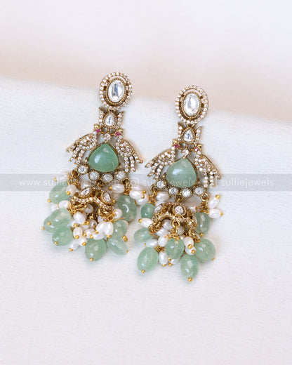 3652 - Victorian Polki Peacock Mint Beads Necklace with Earring