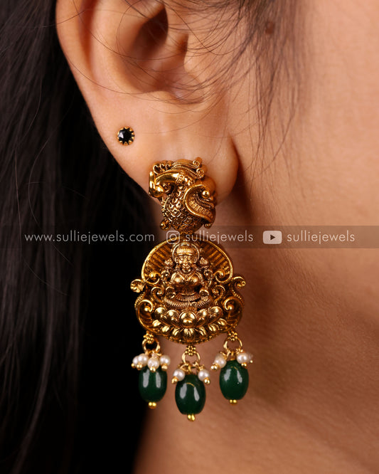 Lakshmi Detailed Temple Earrings with Green Beads