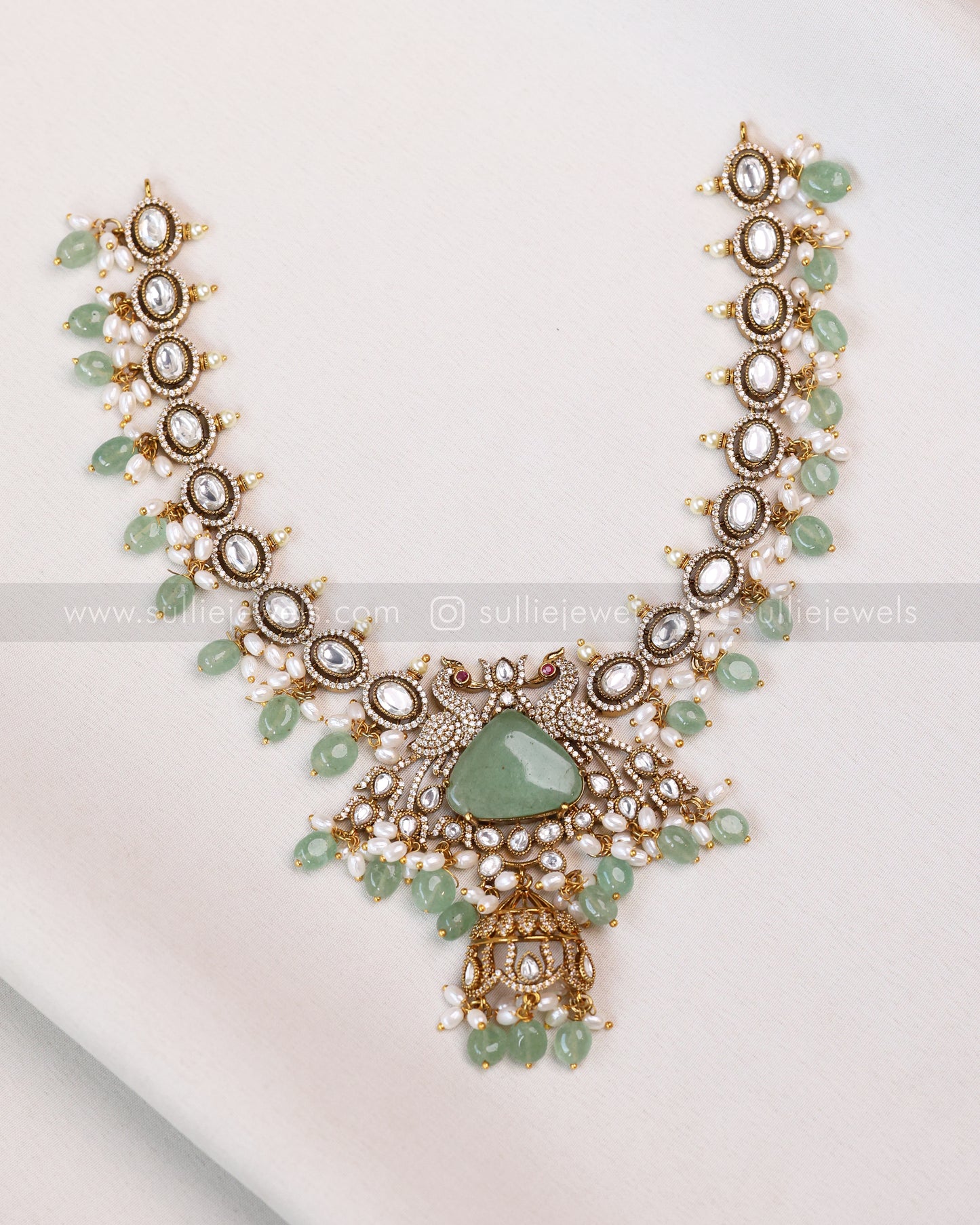 3652 - Victorian Polki Peacock Mint Beads Necklace with Earring