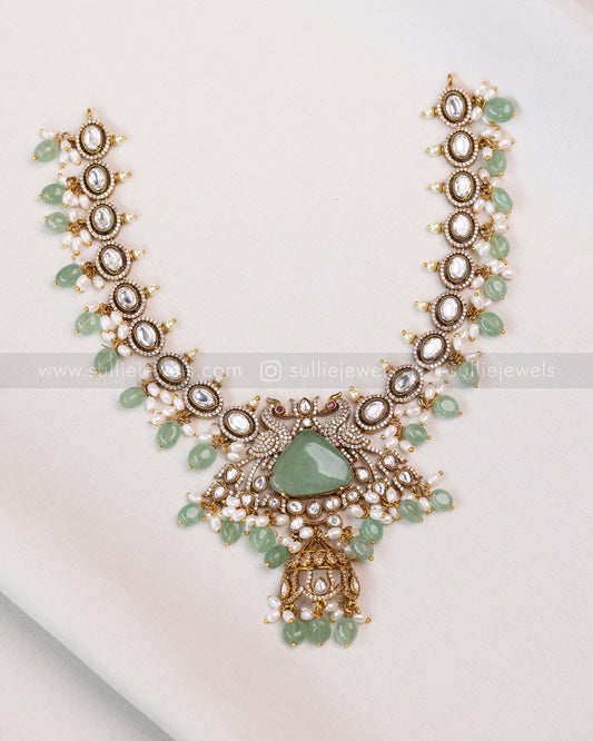 3652 - Victorian Polki Peacock Mint Beads Necklace with Earring