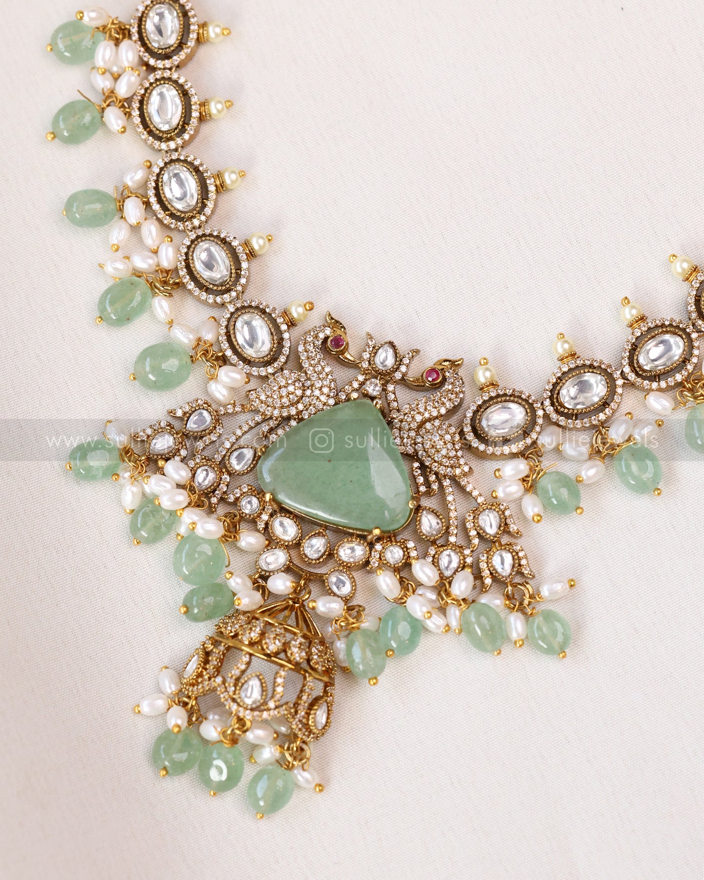 3652 - Victorian Polki Peacock Mint Beads Necklace with Earring