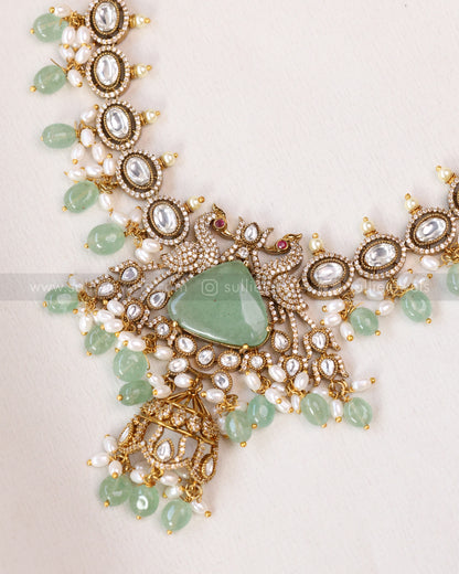 3652 - Victorian Polki Peacock Mint Beads Necklace with Earring