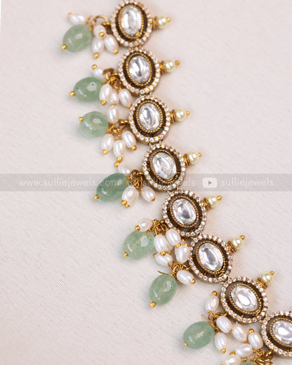 3652 - Victorian Polki Peacock Mint Beads Necklace with Earring
