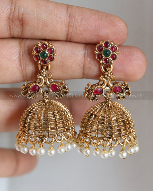 E1256 - Sullie Basic Peacock Ruby Stone Jhumka
