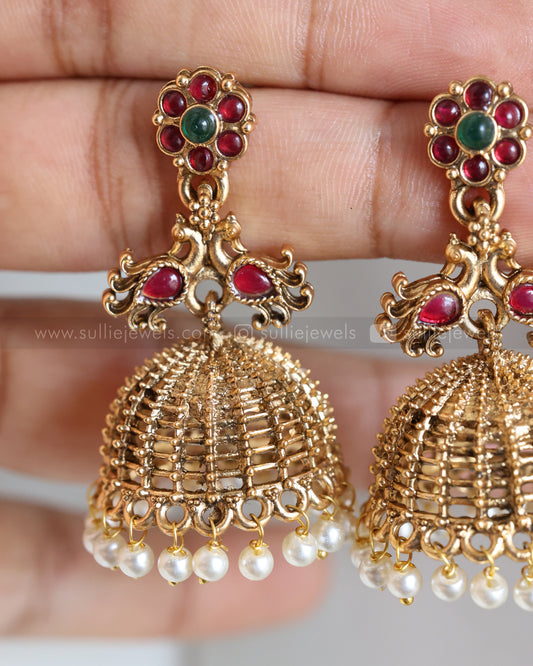 E1256 - Sullie Basic Peacock Ruby Stone Jhumka