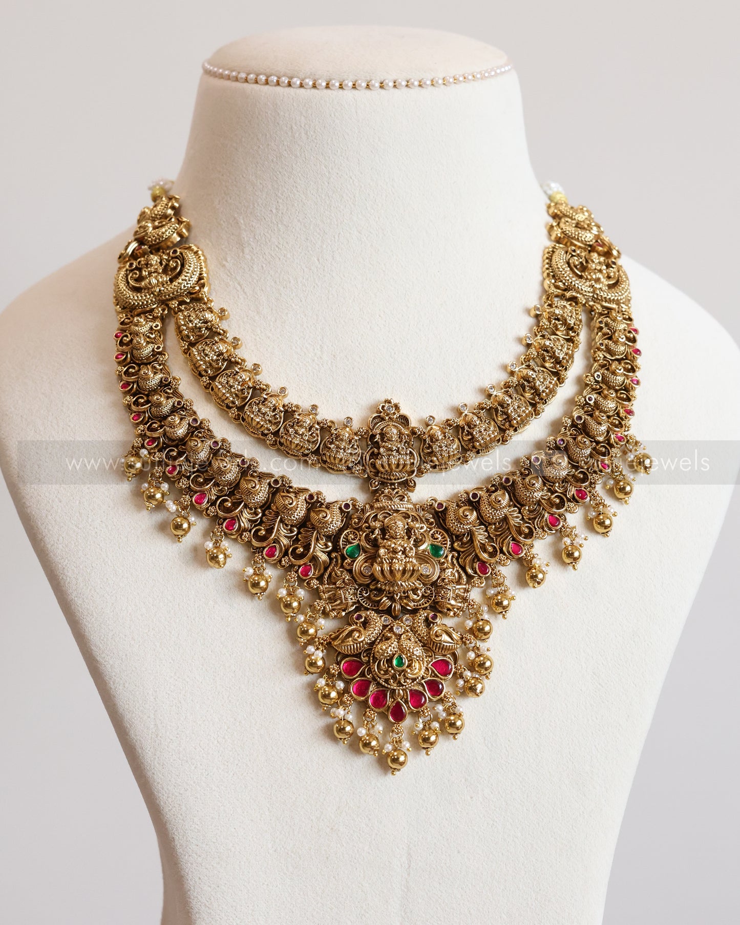 3679 - Double Layer Ruby Lakshmi Peacock Necklace with Earring