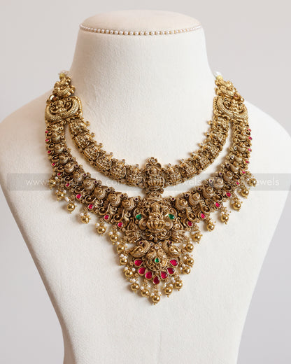 3679 - Double Layer Ruby Lakshmi Peacock Necklace with Earring