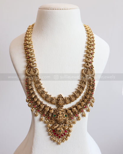 7159 - Double Layer Ruby Lakshmi Peacock Haram with Earring