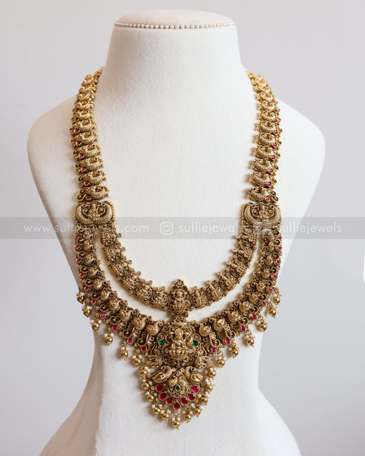 7159 - Double Layer Ruby Lakshmi Peacock Haram with Earring