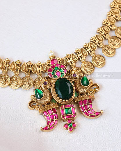 3685 - Jadau Premium Emerald Peacock Coin Necklace with Stud