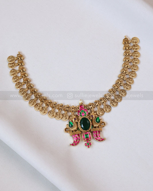3685 - Jadau Premium Emerald Peacock Coin Necklace with Stud