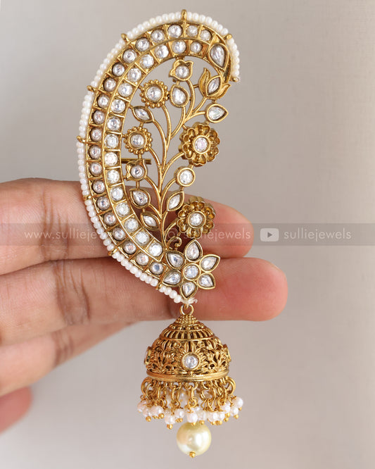 E1202 - Gold White Kemp Ear Cuff Jhumka