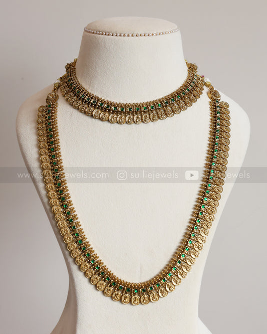 Green Stone Coin Bridal Combo with Gold Jhumka ( 3 piece )