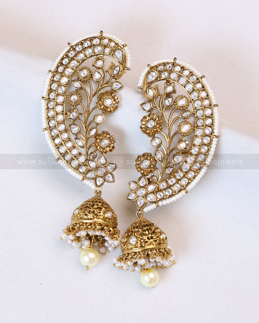 E1202 - Gold White Kemp Ear Cuff Jhumka