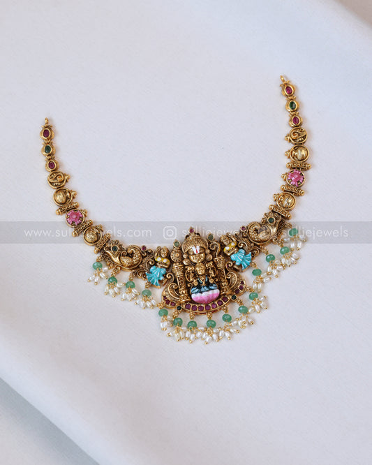 3677 - Meenakari Venkateshwara Lakshmi Necklace with Jhumka - Mint Beads