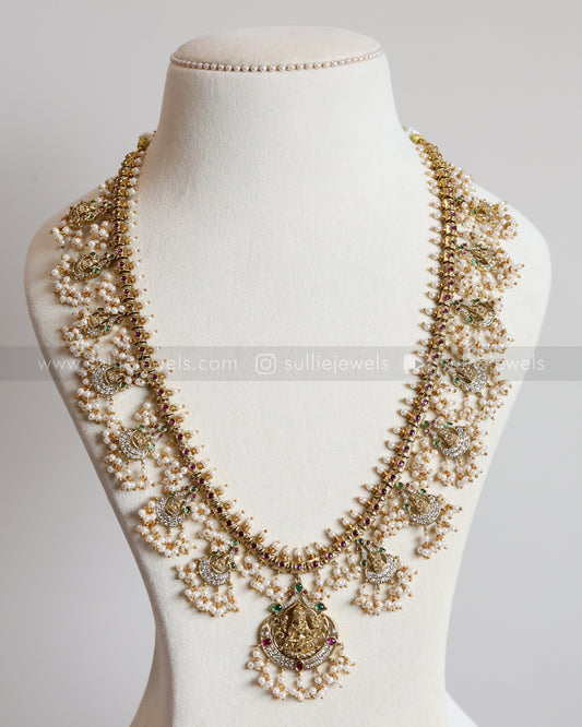 7112 - Lakshmi Pearl & White Stone Guttapusalu Haram with Earrings