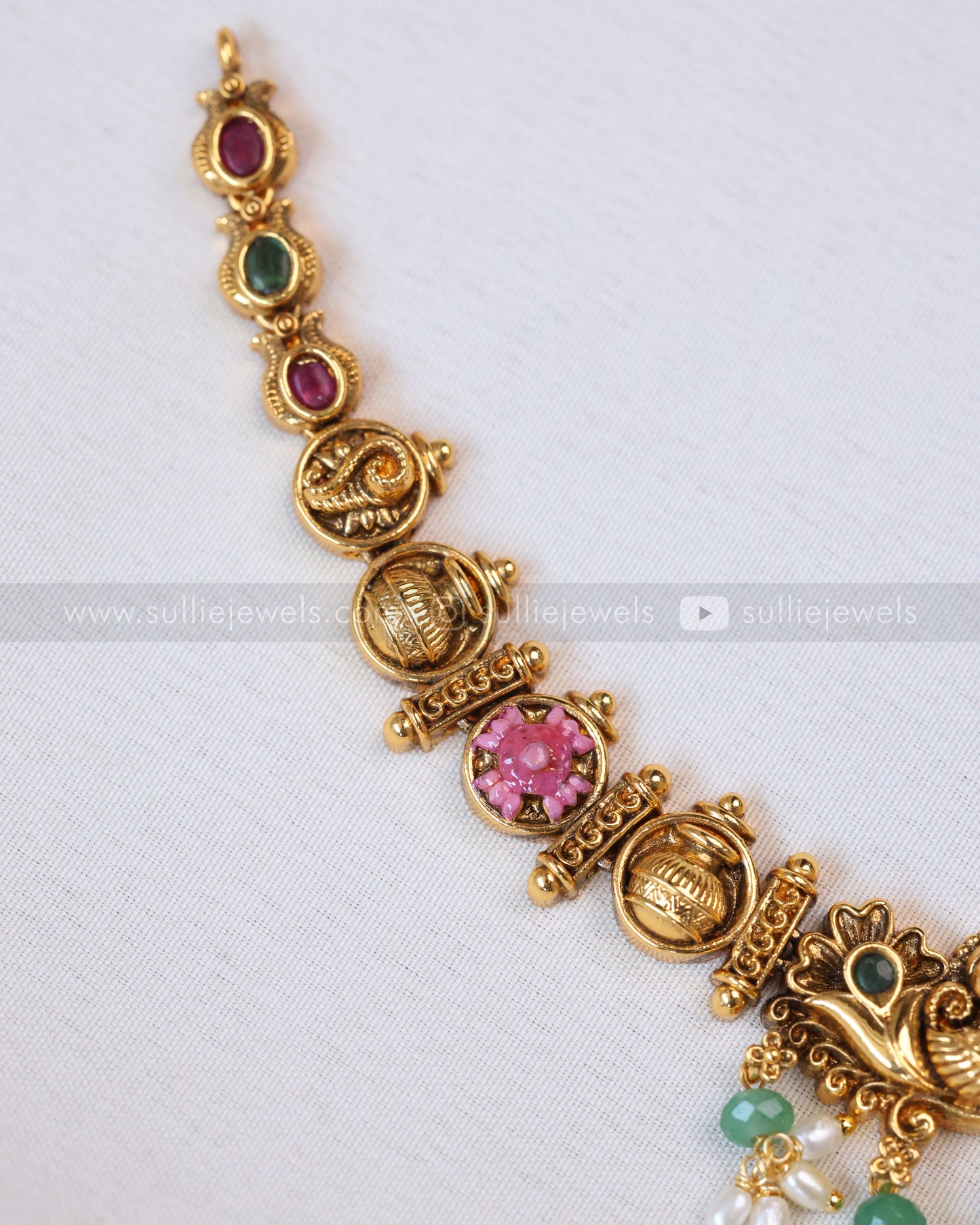 3677 - Meenakari Venkateshwara Lakshmi Necklace with Jhumka - Mint Beads
