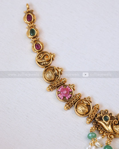 3677 - Meenakari Venkateshwara Lakshmi Necklace with Jhumka - Mint Beads
