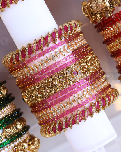 Premium Pink Bridal Temple Bangle Combo - Set of 22 bangles