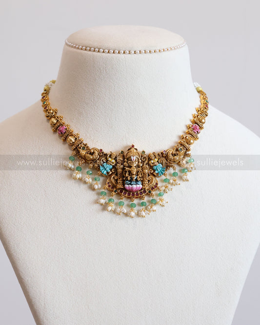 3677 - Meenakari Venkateshwara Lakshmi Necklace with Jhumka - Mint Beads