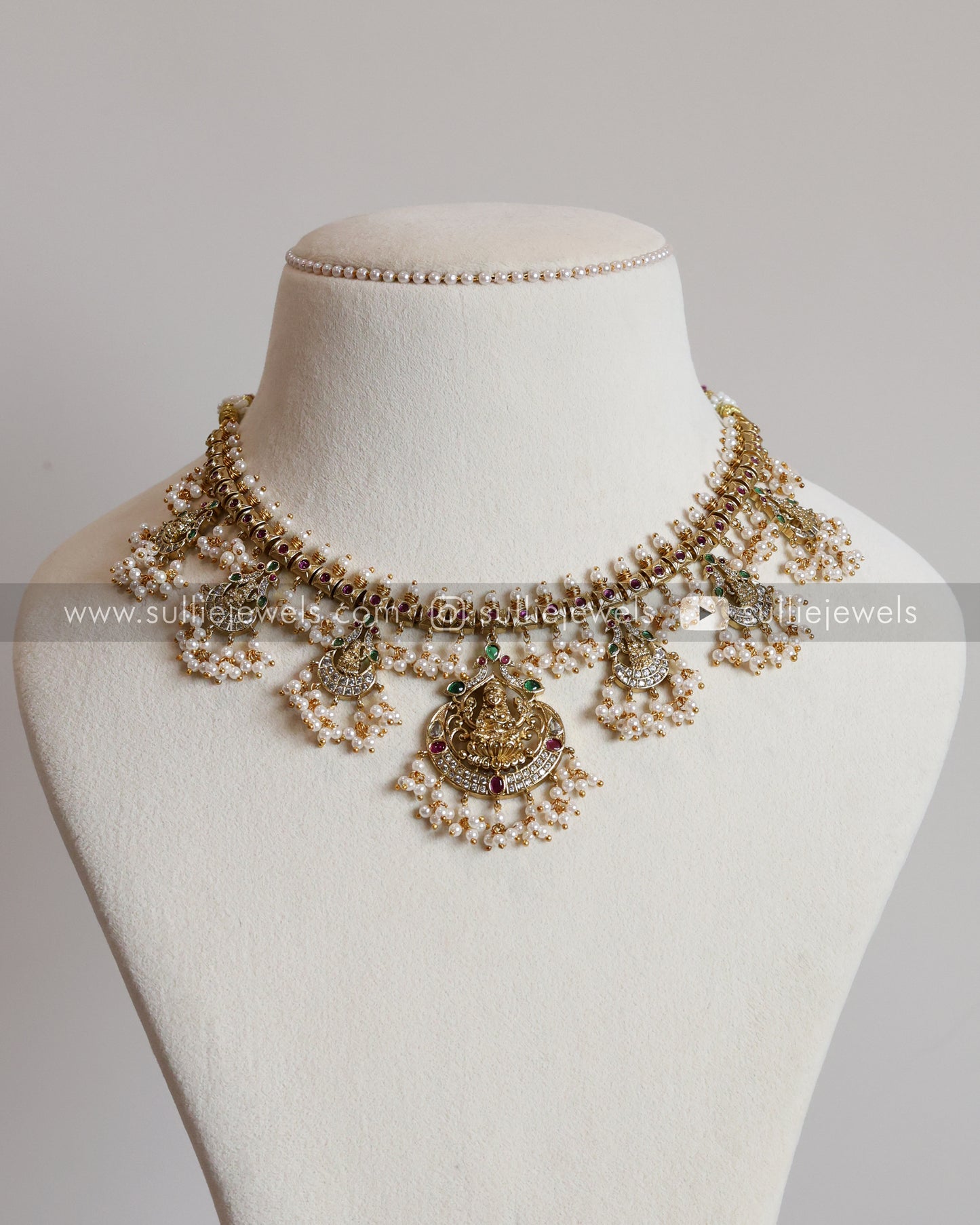 3552 - Lakshmi Pearl & White Stone Guttapusalu Necklace with Earrings