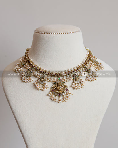 3552 - Lakshmi Pearl & White Stone Guttapusalu Necklace with Earrings