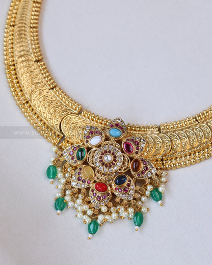 3563 - Multicolour Stone Broad Kaashumaala Necklace with Jhumka
