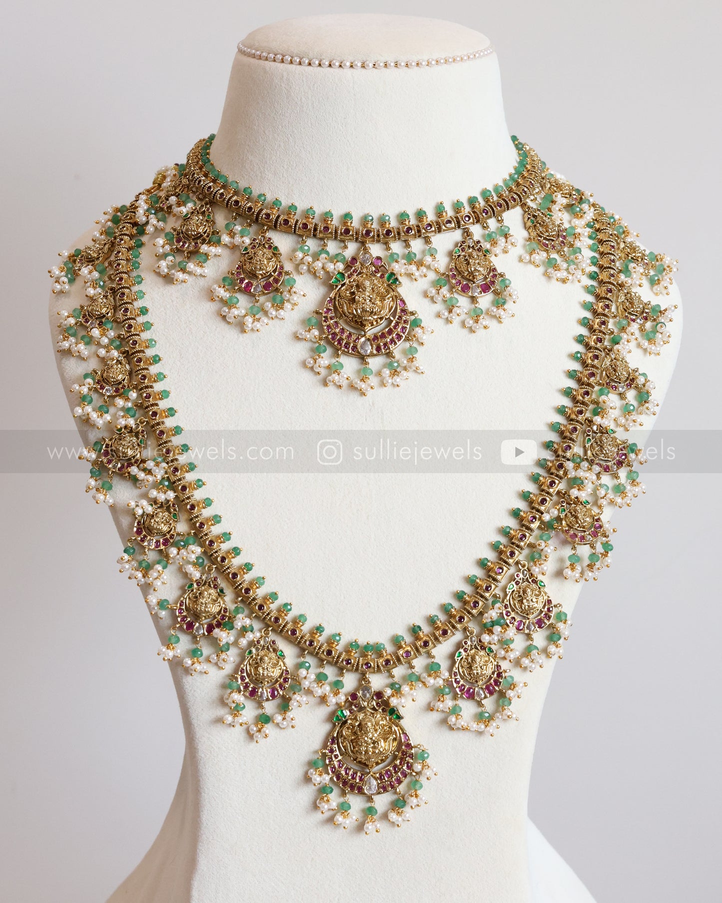 Lakshmi Mint Beads & Ruby Stone Guttapusalu Bridal Combo ( 3 piece )